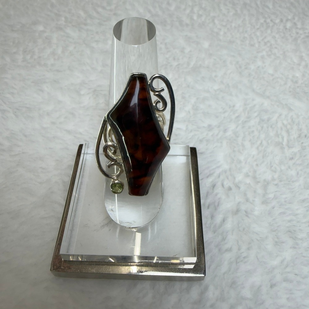 DRT‎ 925 Sterling Silver Amber and Peridot Shield Statement Ring Size 5.75 - Picture 8 of 14